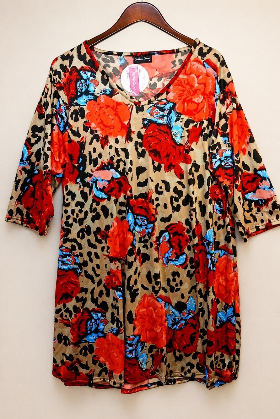 Southern Charm Flutter Tunic XL Leopard Floral Roses 3/4 Sleeve NWT